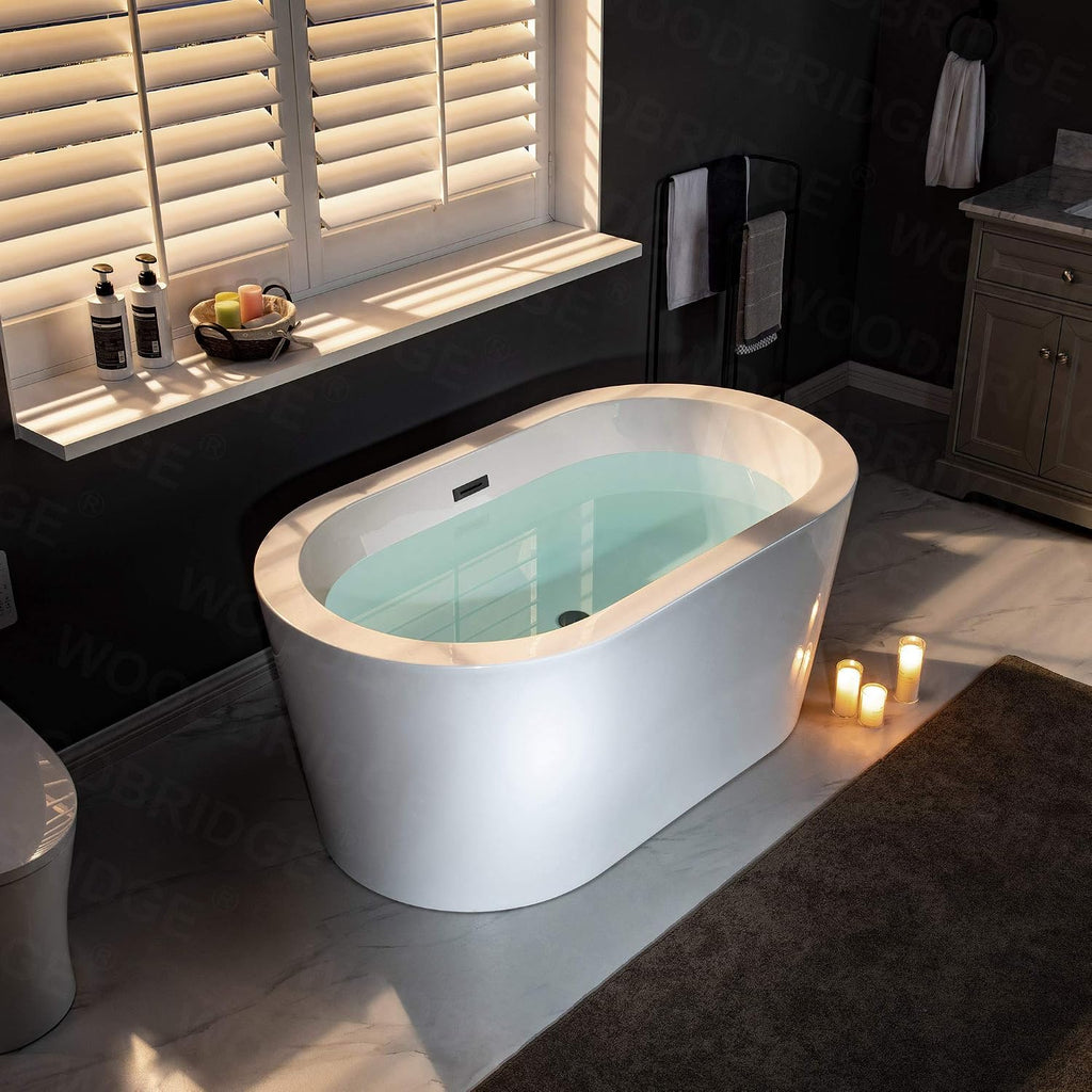 WOODBRIDGE 56' Acrylic Freestanding Bathtub Contemporary Soaking White Tub with Matte Black Overflow and Drain，B0088-MB-Drain&O