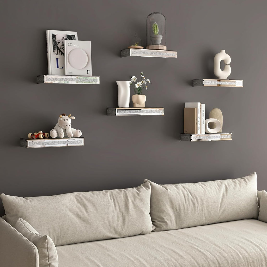 SHYFOY Mirrored Floating Shelves Set of 6, Bling Shelves for Wall Decor, Silver Glass Shelf for Bedroom, Bathroom Storage Shelves, Book Shelves for Living Room
