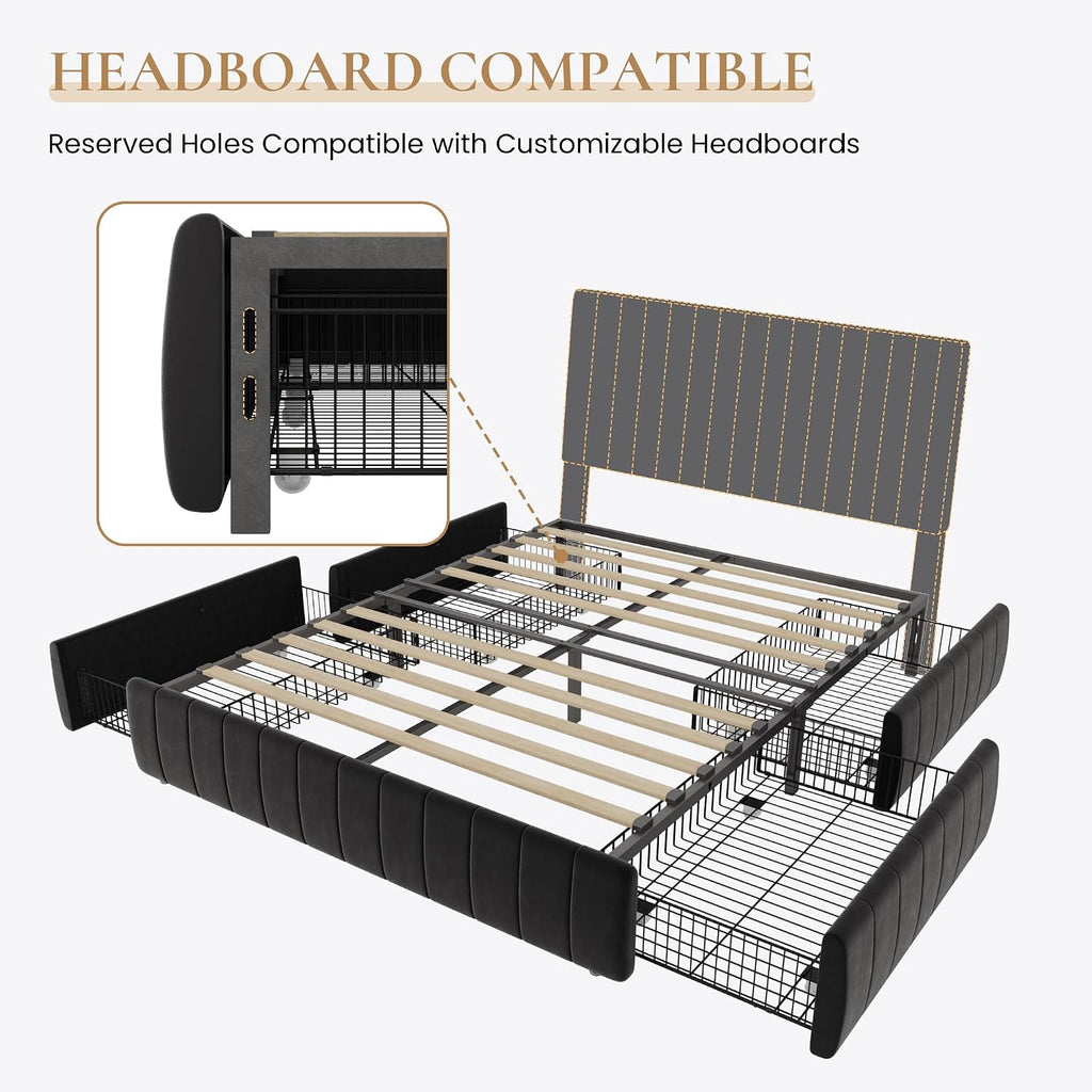 SHA CERLIN Full Size Velvet Upholstered Platform Bed Frame with 4 Storage Drawers, Vertical Channel Tufted, Low Profile, Fits Standard Headboards, Wooden Slats Support, Easy Assembly, Black