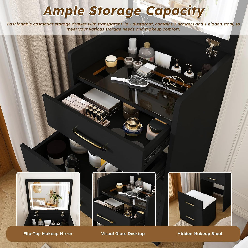 3 in 1 Vanity Desk with Plip Top Mirror and Lights,Small Make Up Vanity Set with Visible Glass Desktop,Compact Makeup Vanity with 3 Drawers,Dressing Table for Bedroom,Black