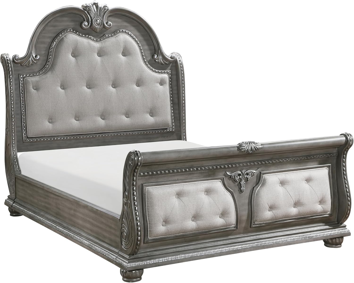 Traditional Style 5-Piece King Size Formal Bed Set Gray Finish Carving Wood Luxury Bedroom Furniture
