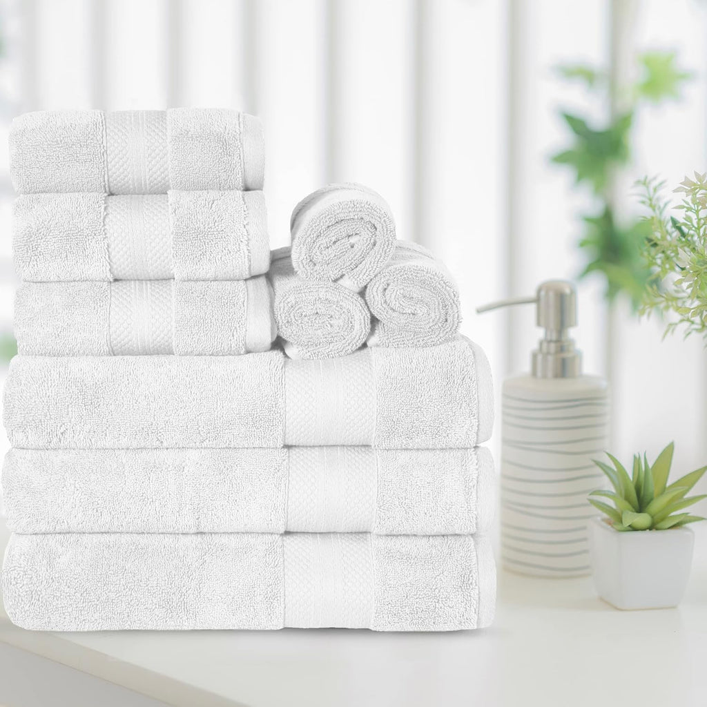 Superior Turkish Cotton 9-Piece Towel Set, 3 Bath, 3 Hand, 3 Face Towels for Home, Bathroom Essentials, Hotel, Resort, Spa, Shower, Adult, Kids, Airbnb, Plush, Soft, Apartment, White