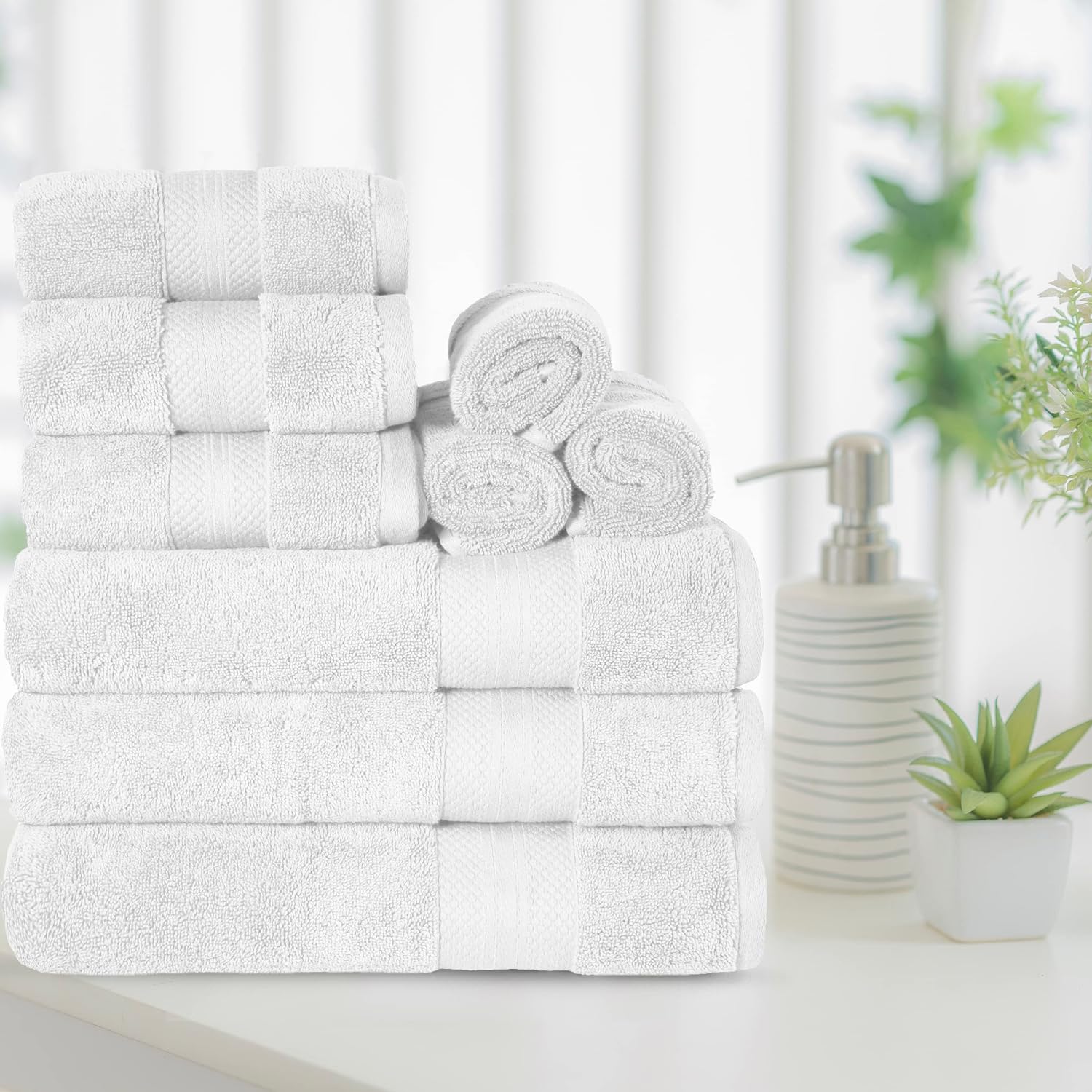 Superior Turkish Cotton 9-Piece Towel Set, 3 Bath, 3 Hand, 3 Face Towels for Home, Bathroom Essentials, Hotel, Resort, Spa, Shower, Adult, Kids, Airbnb, Plush, Soft, Apartment, White