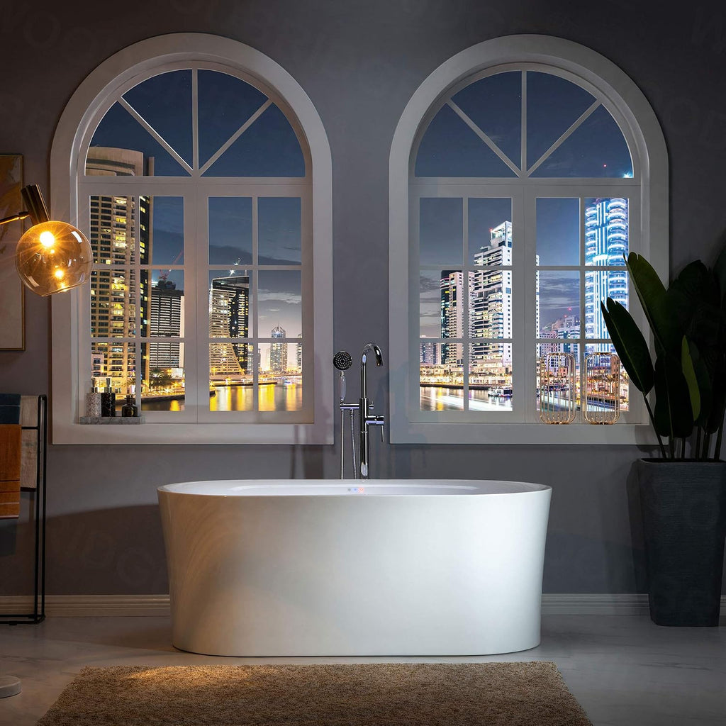 WOODBRIDGE 67' Acrylic Freestanding Bathtub Contemporary Soaking White Tub with Brushed Nickel Overflow and Drain,White,B0101-B