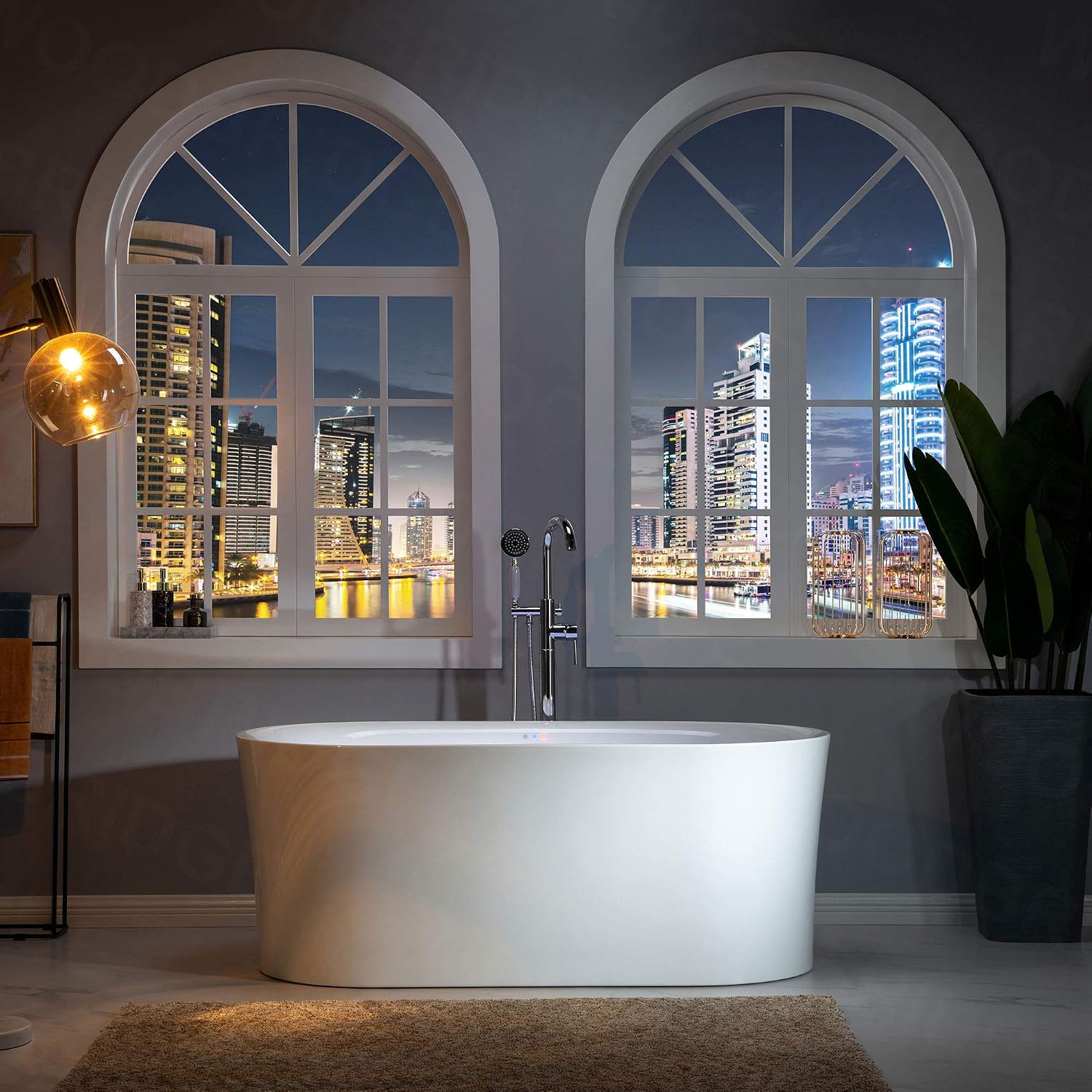 WOODBRIDGE 67' Acrylic Freestanding Bathtub Contemporary Soaking White Tub with Brushed Nickel Overflow and Drain,White,B0101-B