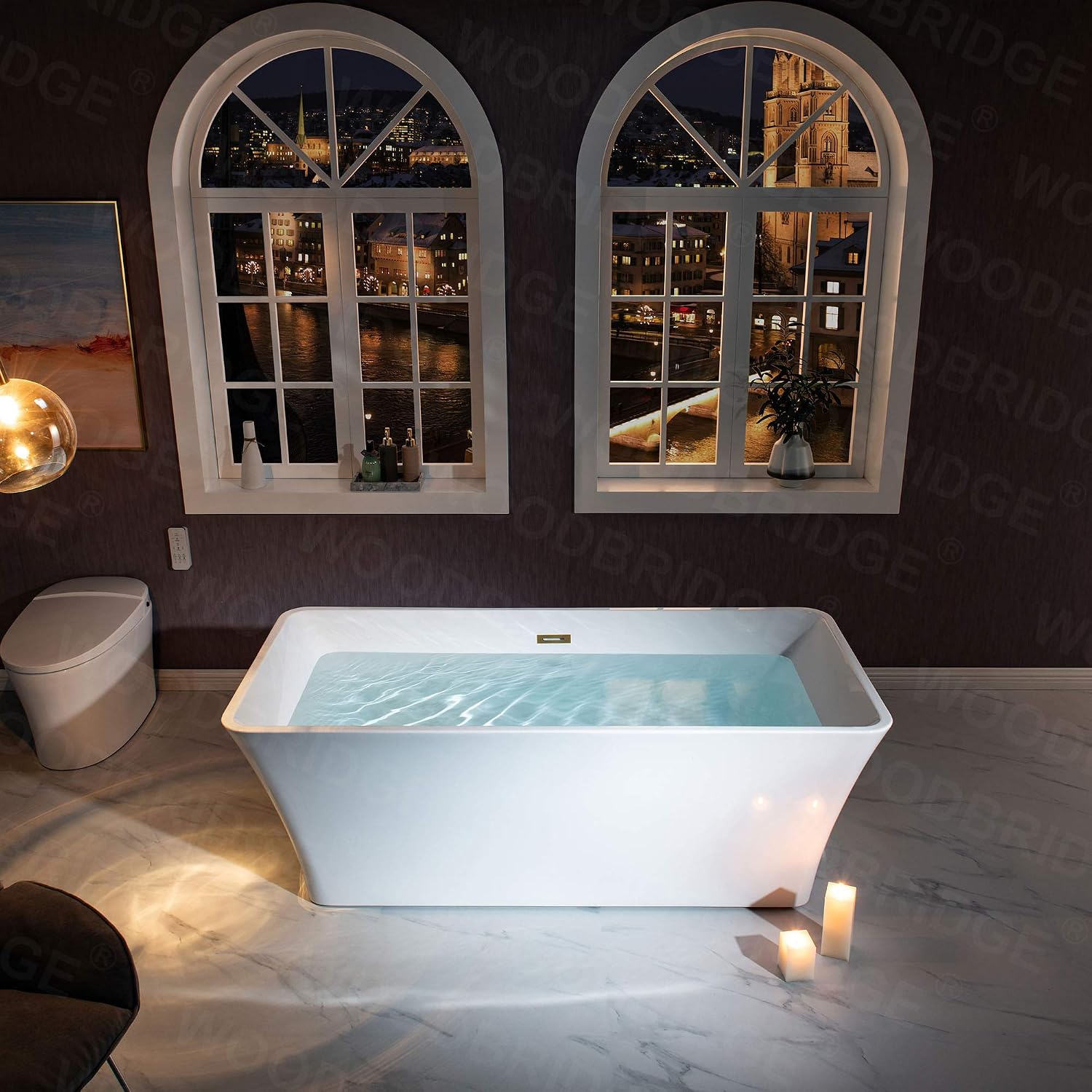 WOODBRIDGE 67' Acrylic Freestanding Bathtub Contemporary Soaking White Tub with Brushed Gold Overflow and Drain，BTS1609 -BG-Drain &O