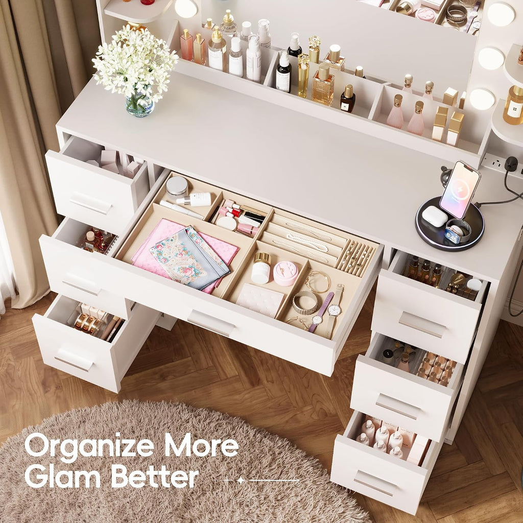 Furmax Vanity Desk with Hollywood Style Mirror with LED Lights, Makeup Table Vanity with 2 AC Outlets and1 USB＆1 Type-C Port, Adjustable Lighting, Modern Ample Storage Drawers Dressing Table (White)