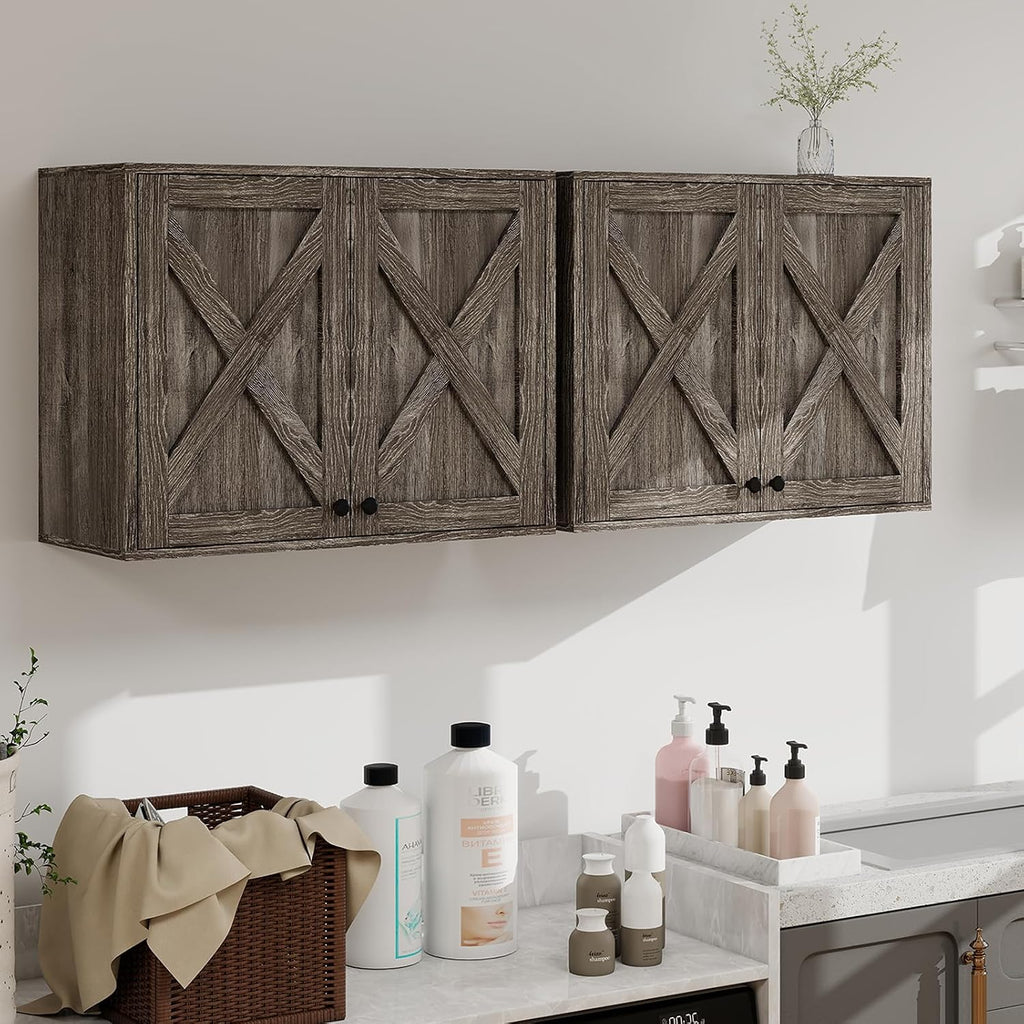 YOURLITE Laundry Cabinet, Medicine Cabinet, Bathroom Kitchen Storage Wall Mounted Farmhouse Organizer with Shelves Over Toilet, One Set of 2 Pieces X 24', Grey