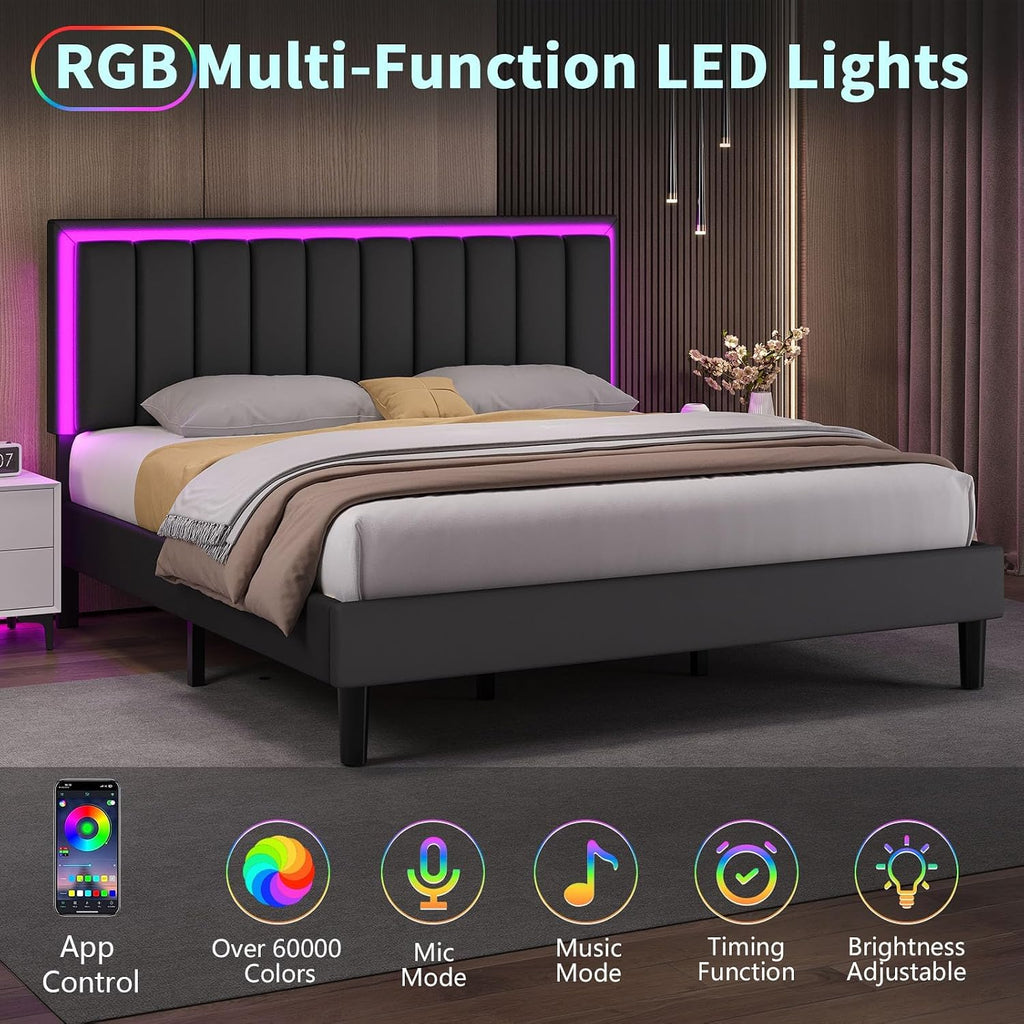 IMMERSTABLE Full Size Bed Frame with RGB LED Lights, Upholstered Platform Bed Frame with Headboard, Wood Slat Support, No Box Spring Needed, Quiet Design, Easy Assembly, Black