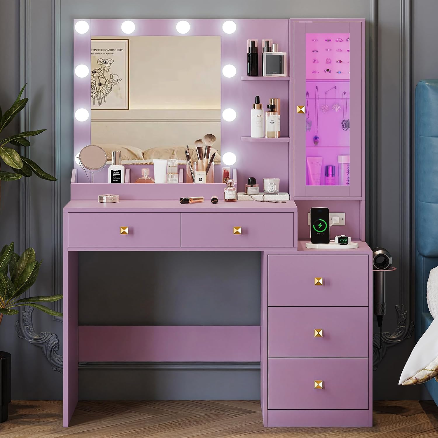 Xixini Vanity Desk with Mirror and Lights, Makeup Vanity Table Set with 5 Storage Drawers, Power Outlet, Small Dressing Table with RGB Ambient Light, Adjustable Brightness for Girls Bedroom, Purple
