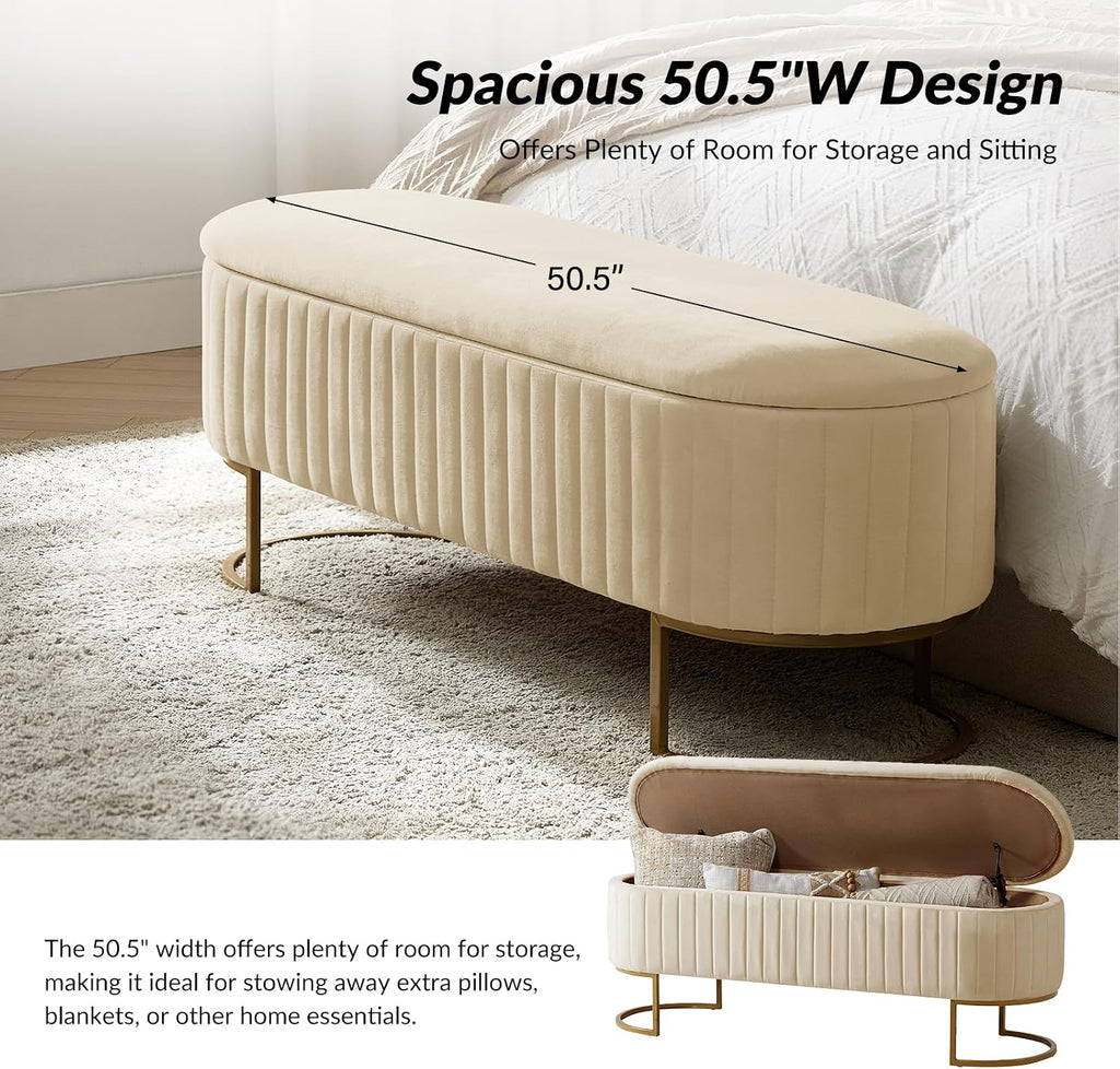 50.5' Velvet Storage Ottoman Bench with Gold-Toned Legs, Luxury Upholstered End of Bed Multi-Functional Footrest & Seat for Bedroom & Entryway