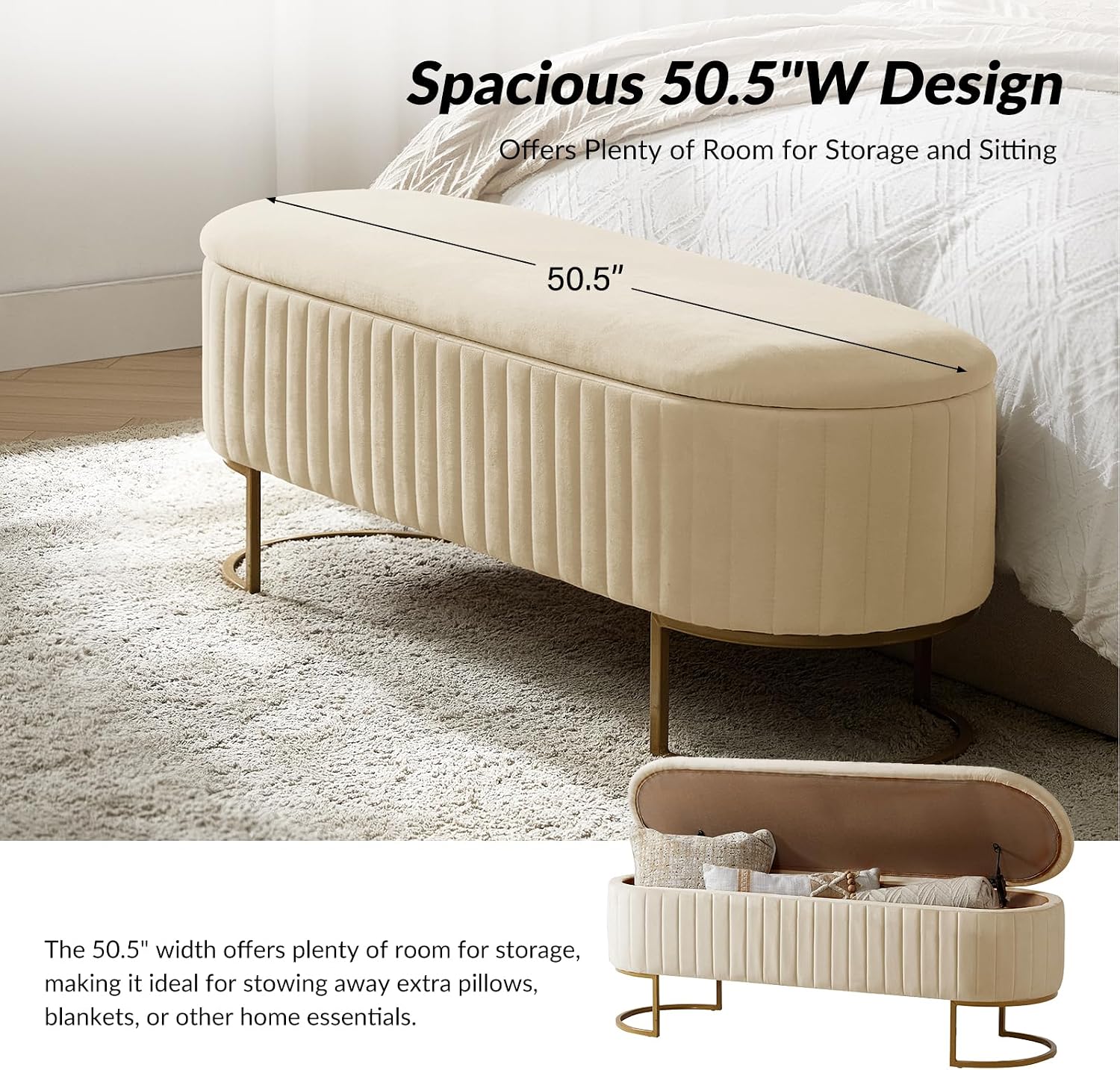 50.5' Velvet Storage Ottoman Bench with Gold-Toned Legs, Luxury Upholstered End of Bed Multi-Functional Footrest & Seat for Bedroom & Entryway