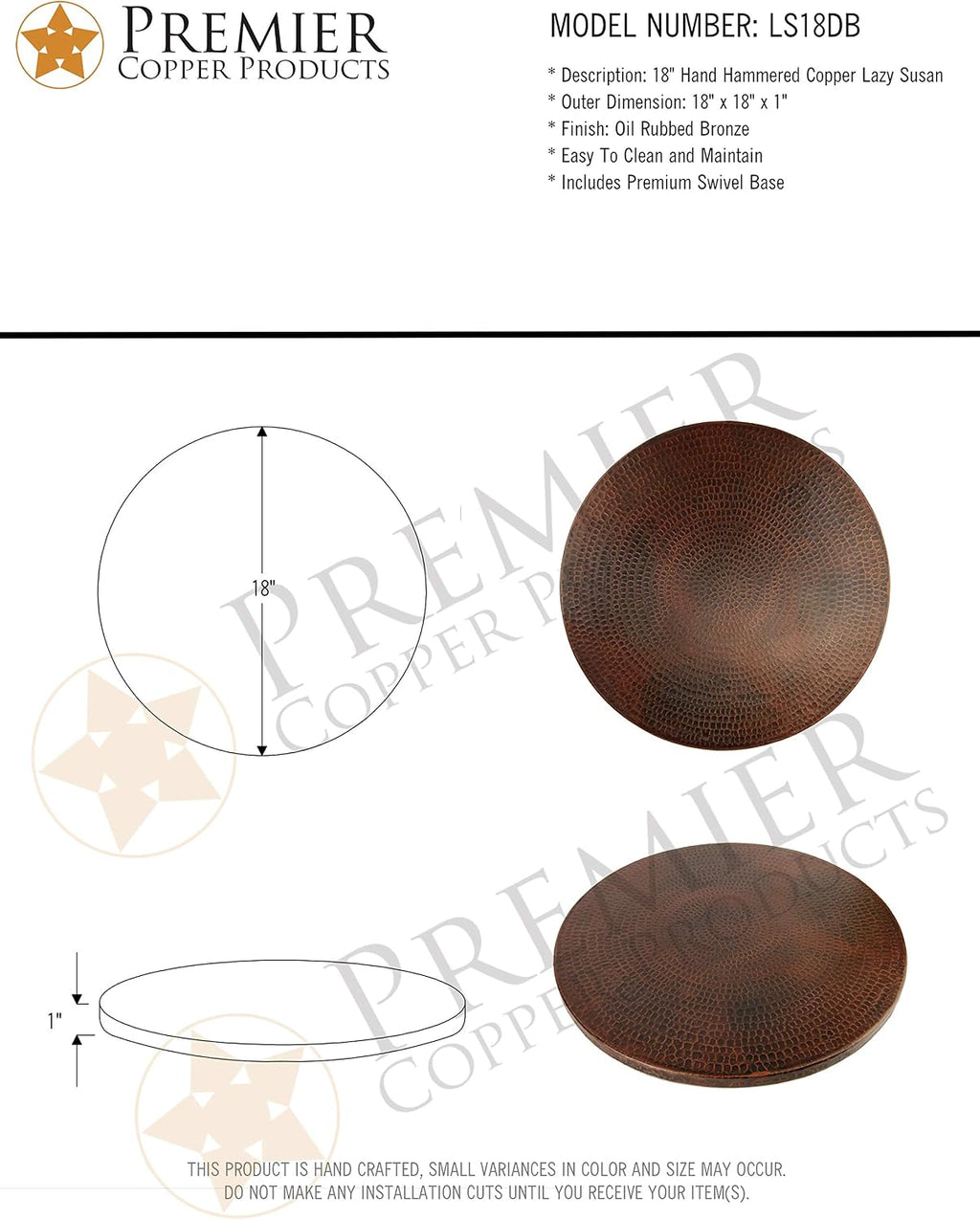 Premier Copper Products LS18DB 18-Inch Hand Hammered Copper Lazy Susan, Oil Rubbed Bronze