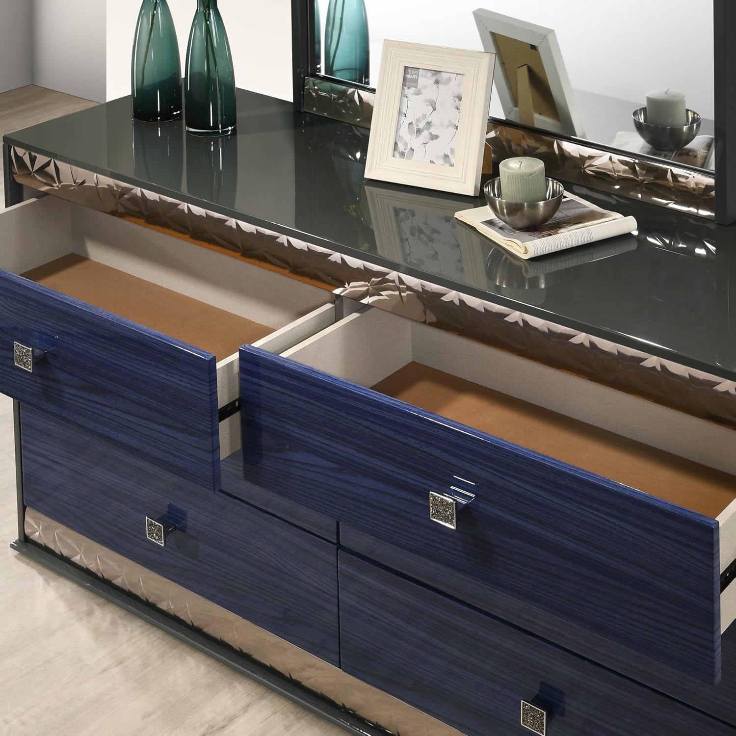 Furniture of America Scape Glam Solid Wood 5-Piece Bedroom Set with Geo Chrome Molding, Felt-Lined Top Drawer, Metal Side Glide, Square Knobs, No Box Spring Needed, King, Indigo Blue
