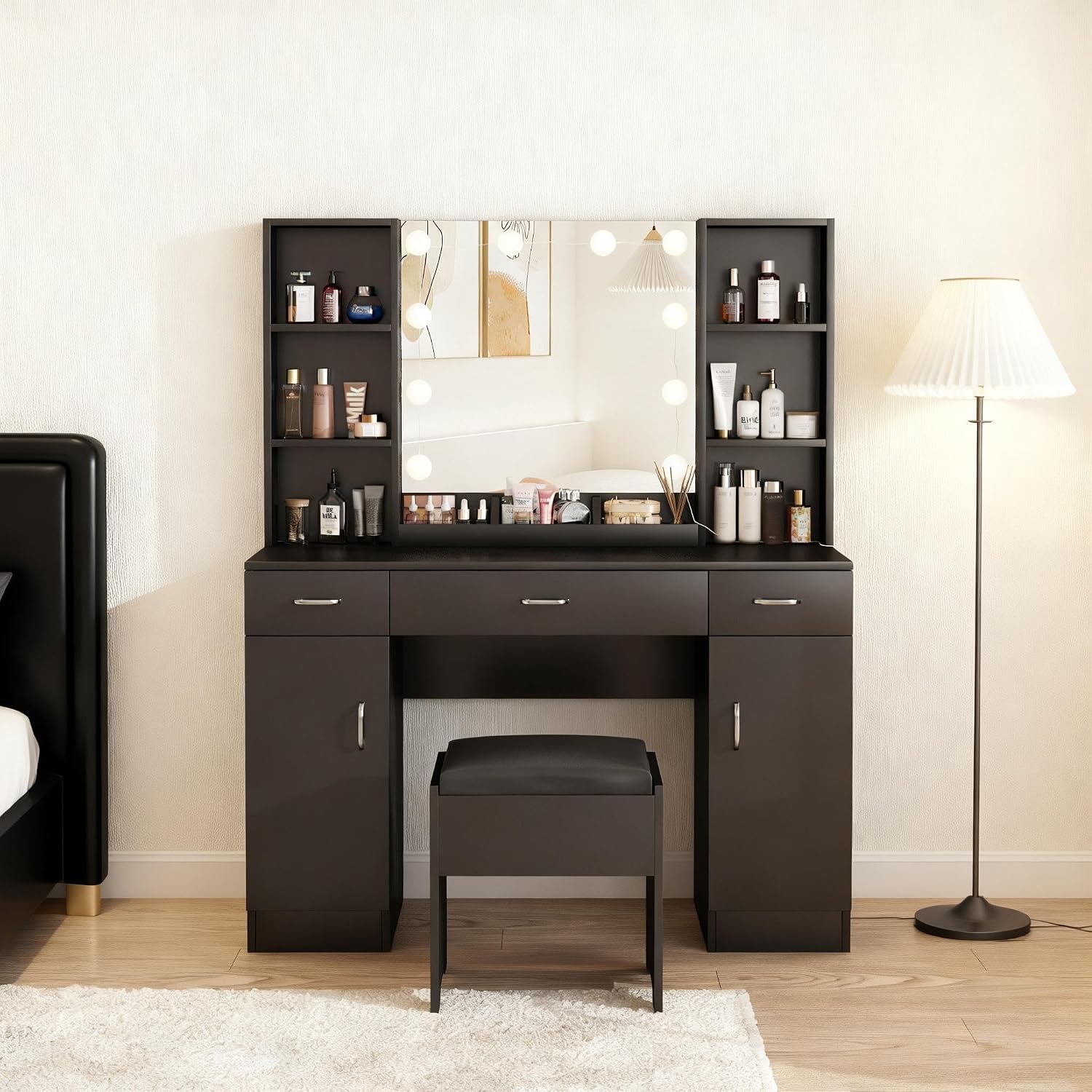 Vabches Vanity Desk with Lighted Mirror, Large Makeup Vanity Table Set with 3 Drawers & 2Cabinets, 3 Lighting Modes, Black Dress Table with Storage Stool, 45.2inch (W)