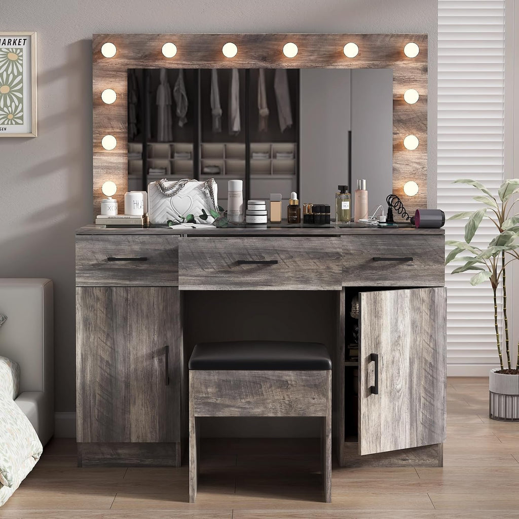 VINGLI Vanity Desk with LED Lighted Mirror & Padded Stool, Makeup Table with Drawers & Cabinets & Power Outlet & Glass Top & 12 Light Bulbs with 3 Colors for Dressing Room Bedroom, Grey