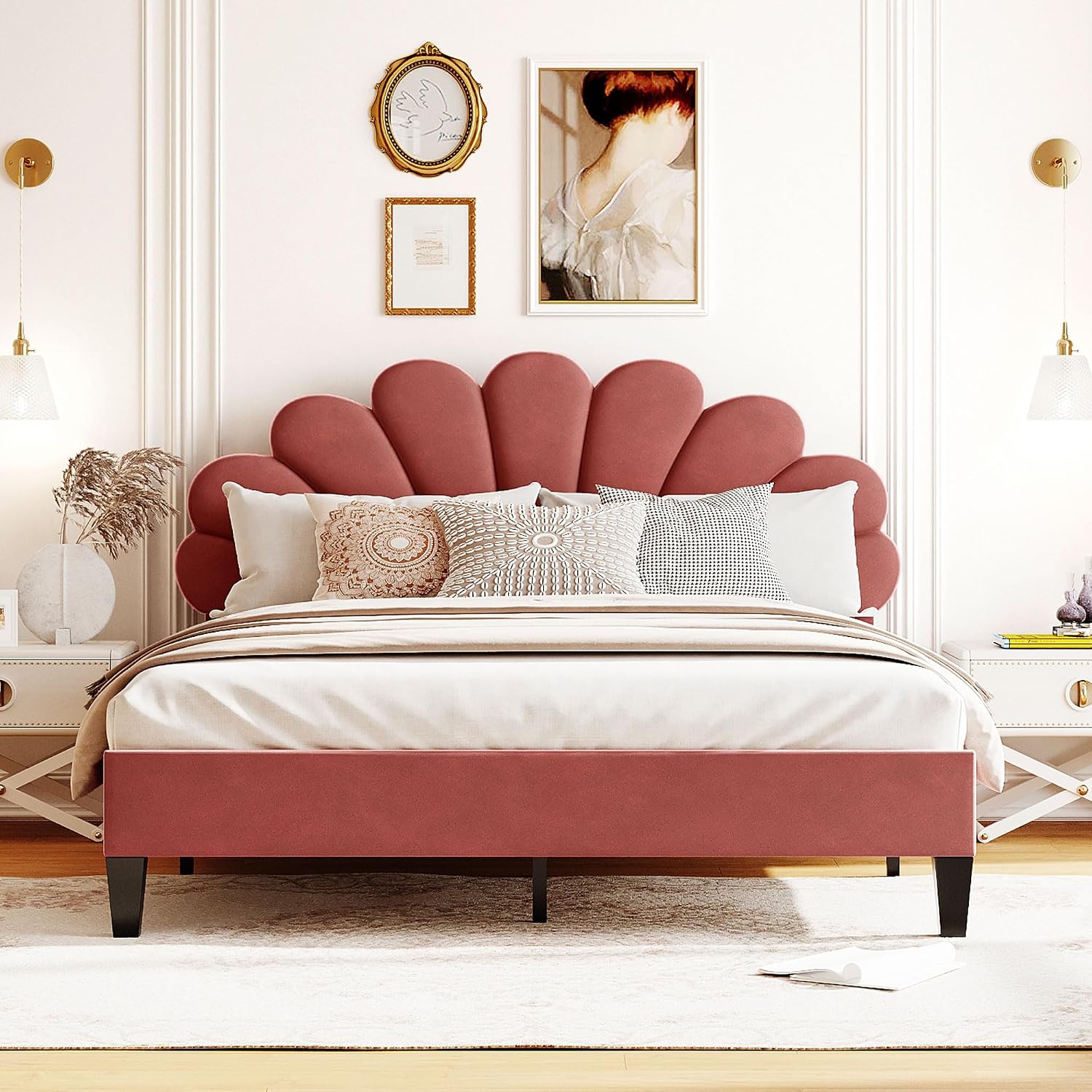 Harper & Bright Designs Queen Size Upholstered Platform Bed with Flower Pattern Velvet Headboard, Bean Paste Red