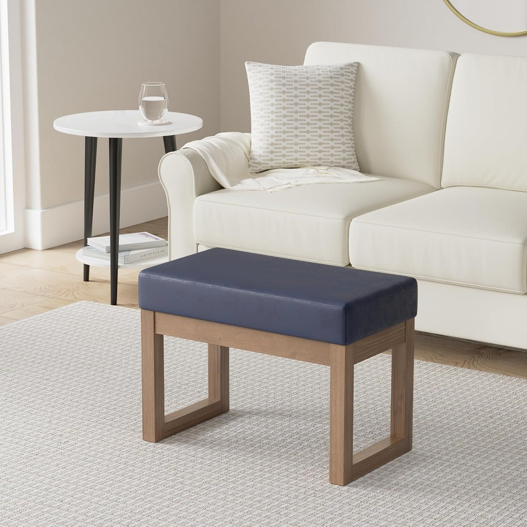 SIMPLIHOME Milltown Small Ottoman Bench - 27' Wide x 18' High Upholstered Vegan Leather Rectangle Footstool Ottoman in Distressed Dark Blue, Contemporary Bench with Cushioned Seat, Assembled