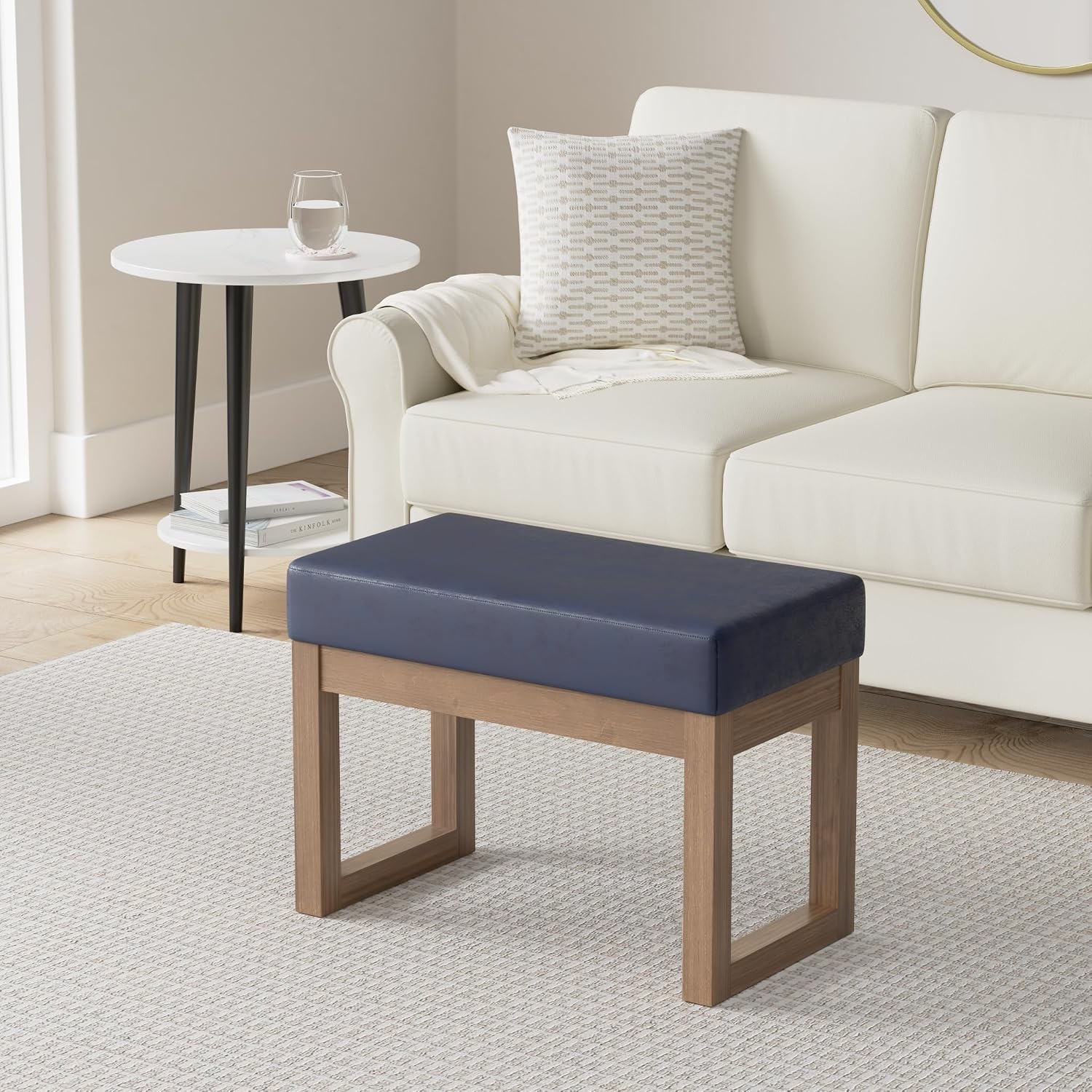 SIMPLIHOME Milltown Small Ottoman Bench - 27' Wide x 18' High Upholstered Vegan Leather Rectangle Footstool Ottoman in Distressed Dark Blue, Contemporary Bench with Cushioned Seat, Assembled