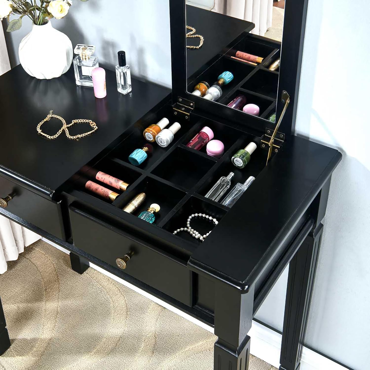 Small Makeup Vanity Desk Table with Flip-Top Mirror and Hidden Storage Compartments, Wood Computer Writing Desk with 2 Drawers, Easy Assembly Dressing Table for Bedroom Black SZT-D0036-BK
