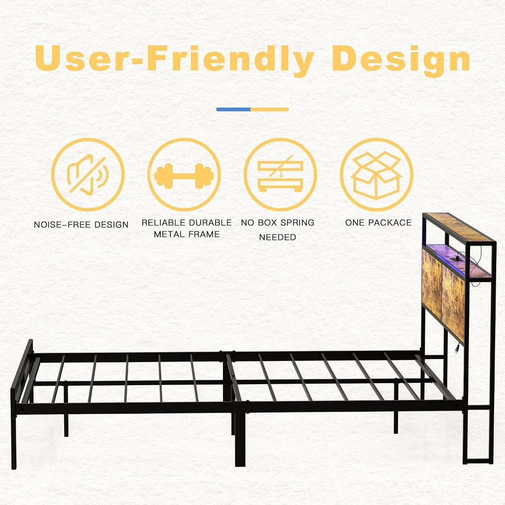 HAUSOURCE Queen Bed Frame with Storage Headboard LED Lights Metal Platform Non-Slip Without Noise Mattress Foundation Strong Metal Slats Support No Box Spring Needed
