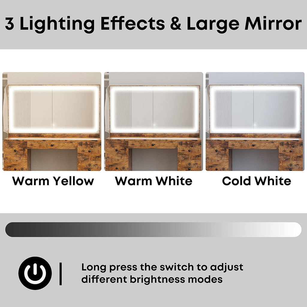 IRONCK Vanity Desk Set with Large LED Lighted Mirror & Power Outlet, 7 Drawers Vanities Dressing Makeup Table with Storage Bench, for Bedroom, Industrial Style Vintage Brown