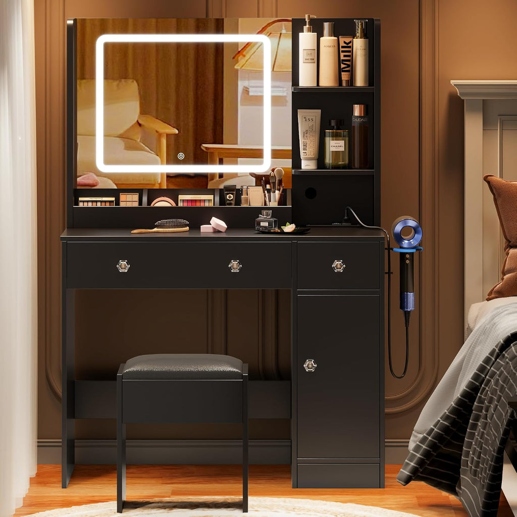 Korfile Makeup Vanity Desk with Mirror and Lights 3 Color, Vanity Set with Power Outlet and Stool, Black Vanity Desk with Cabinet and Drawers,Make Up Dressing Table with Storage Shelves