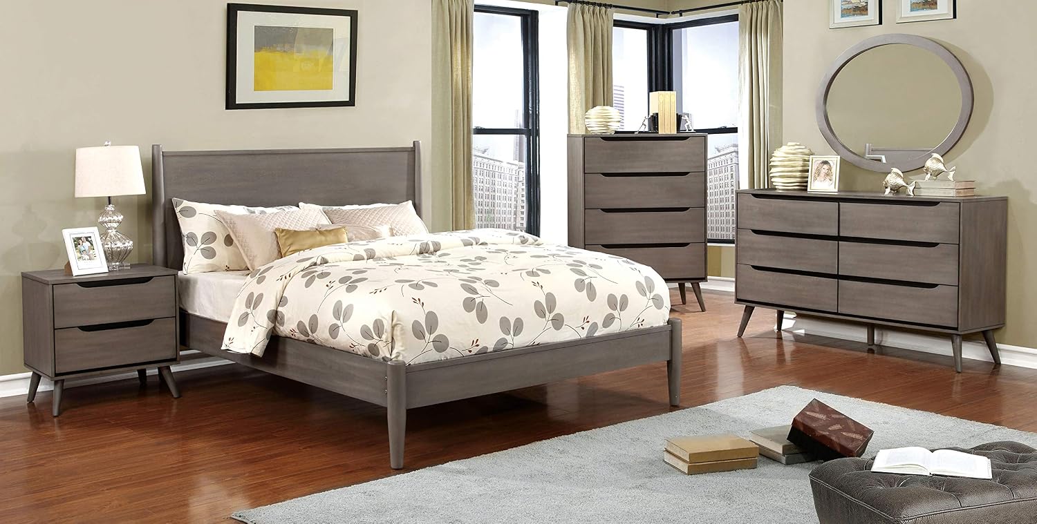 24/7 Shop at Home Chopard Contemporary Wood Bedroom Set, 4-Piece Queen Bedroom Set with Ovel Mirror, Gray
