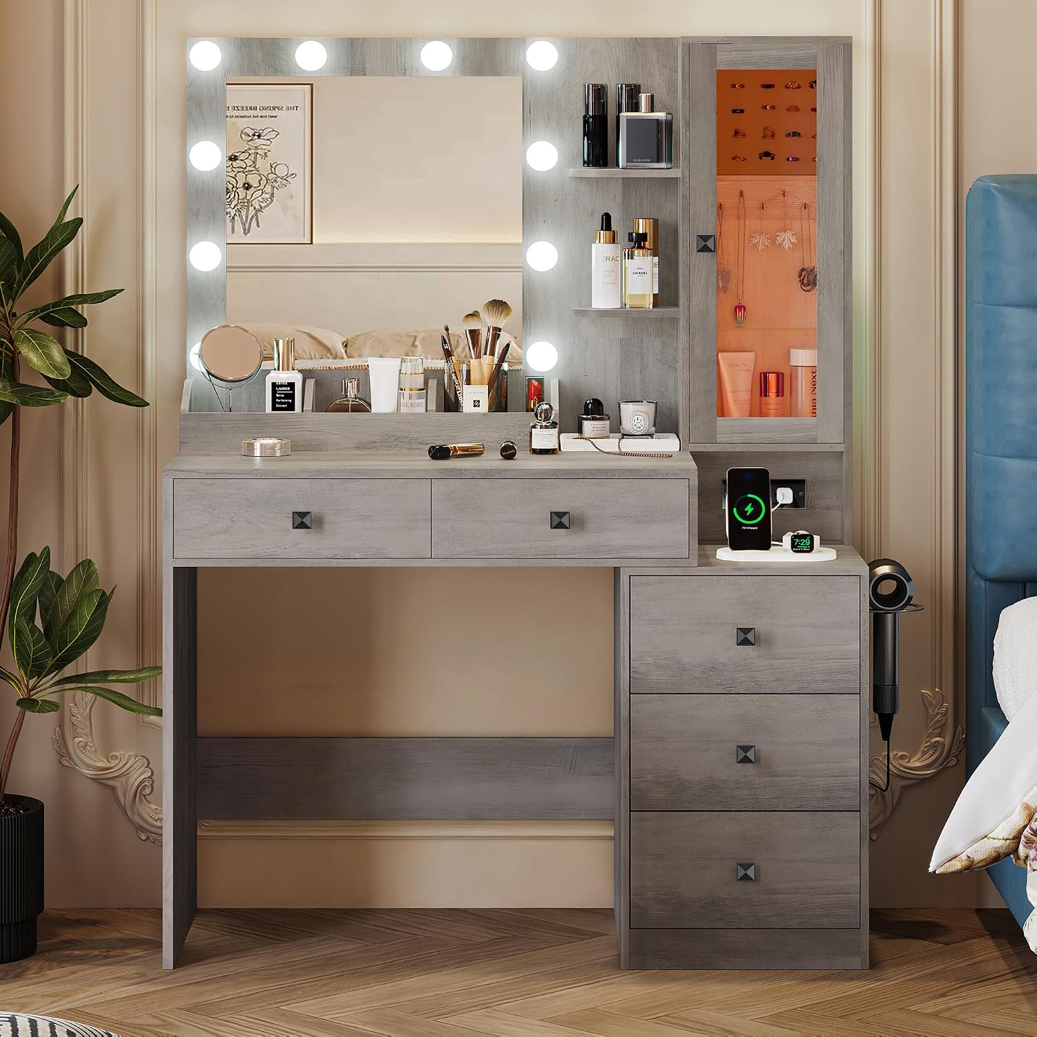 Xixini Vanity Desk with Mirror and Lights, Makeup Vanity Table Set with 5 Storage Drawers, Power Outlet, Small Dressing Table with RGB Ambient Light, Adjustable Brightness for Girls Bedroom, Grey