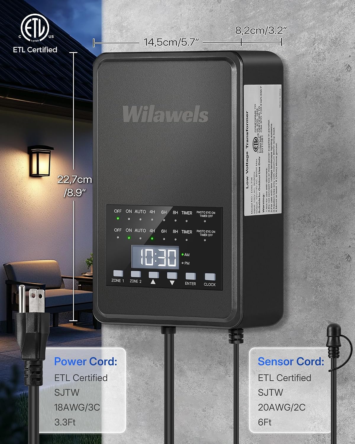 600W Low Voltage Landscape Transformer, 2 Zone Independent Control 120VAC to 12/14V AC Low Voltage Transformer, Landscape Lighting Transformer with Timer & Photocell Sensor ETL Listed D20LT06