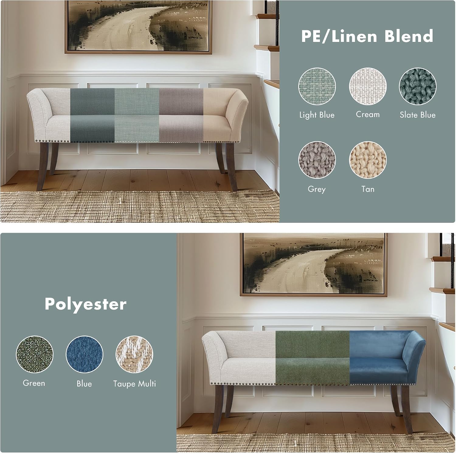 Madison Park Accent Bench for Living Room, Upholstered with Nailhead Trim, & Padded Seat Entryway Bench Small, End of Bed Bench with Back, 49.5' W x 19.25' D x 23' H, Light Blue