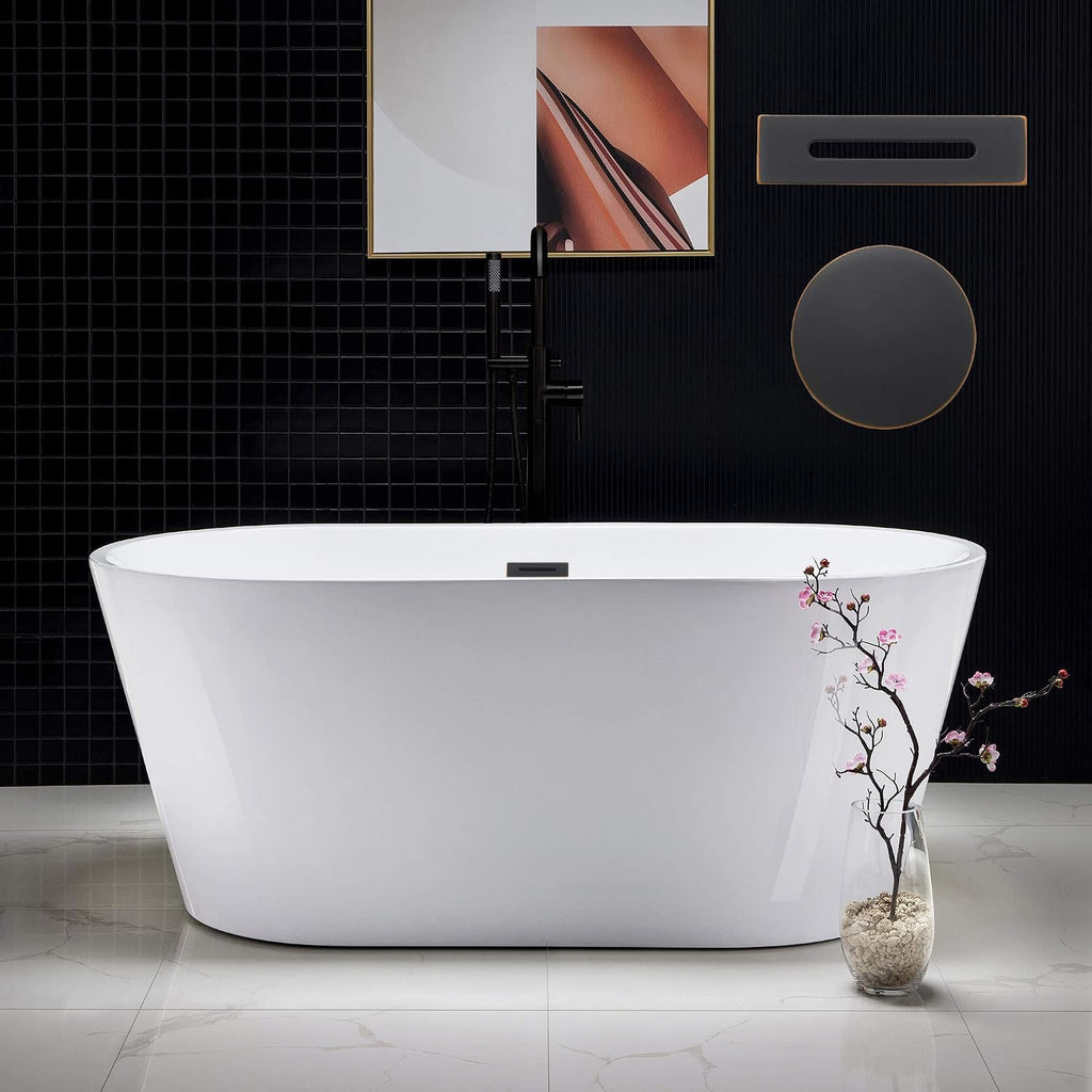 WOODBRIDGE 59' Acrylic Freestanding Bathtub Contemporary Soaking White Tub with Oil-Rubbed Bronze Overflow and Drain,B0014-ORB