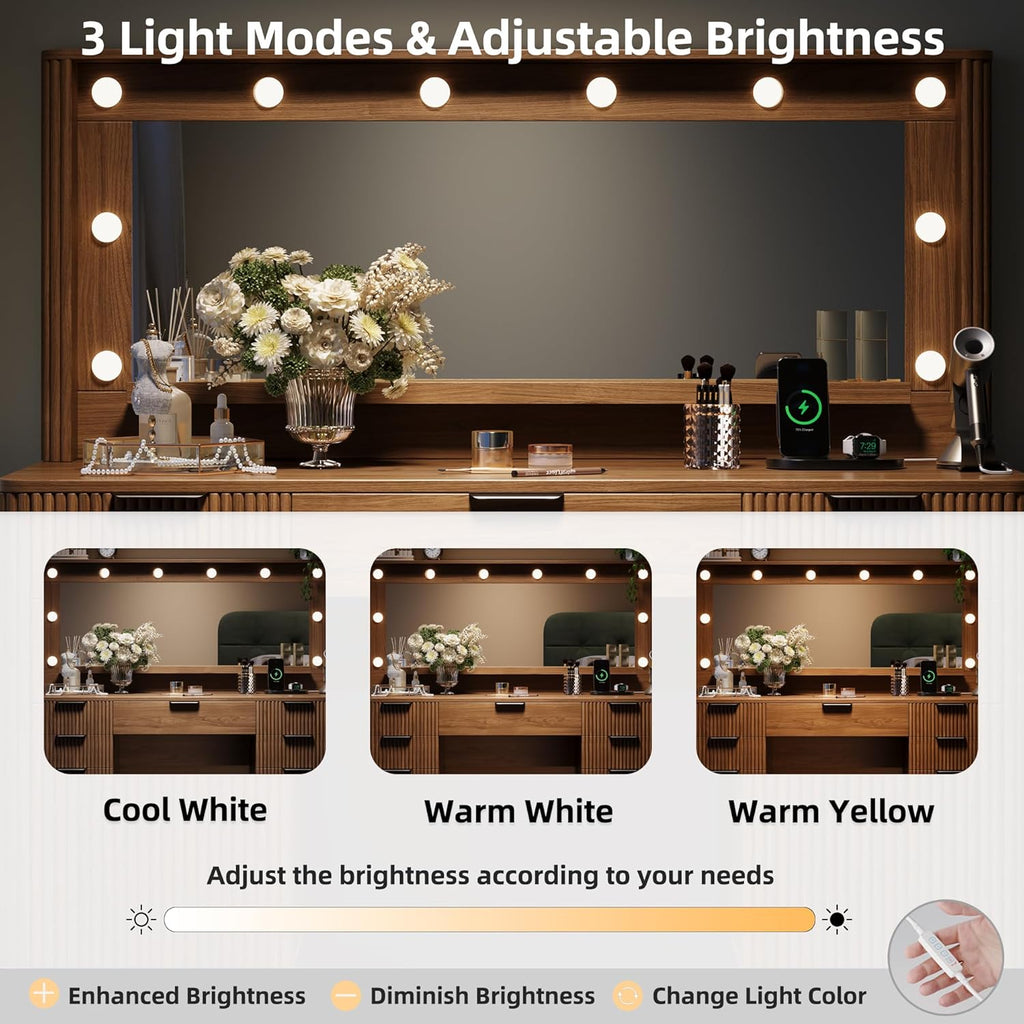 Fluted Makeup Vanity Desk with Large 39.3' Mirror and Lights, 48.8' Wood Vanity, Large Vanity Dressing Table, Modern Wooden Vanity Table for Women and Girls, Bedroom or Dorm (Walnut)