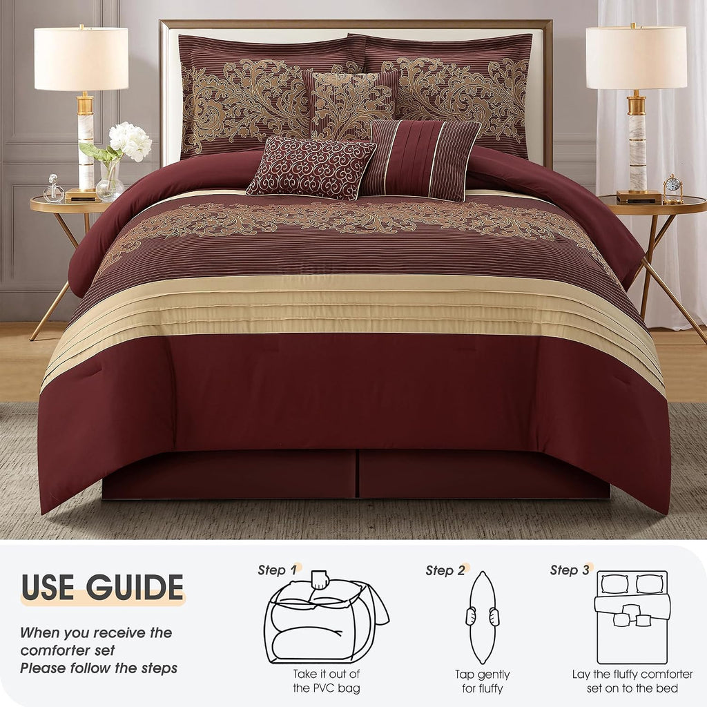 LANCO MODERN LIFESTYLE Red Gold Comforter Set, Queen, Damask Jacquard with Matching Solid Piece Work, 7 Piece Soft Bedding Set for All Season, Bed Skirt, Pillow Shams and Decorative Pillows