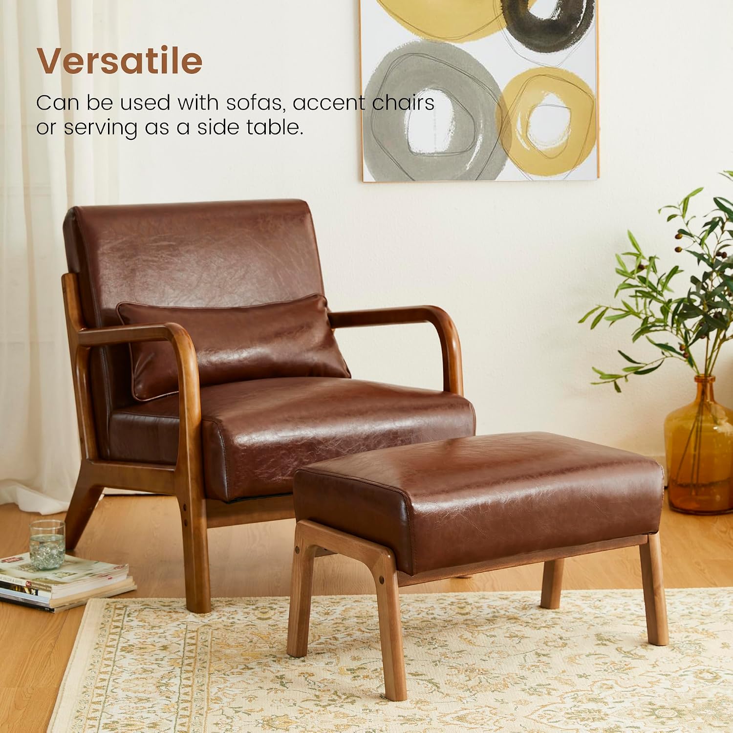 Glitzhome Rectangle Ottoman Bench Set of 2, Modern Coffee Leatherette Footstool with Walnut Rubberwood Legs for Living Room, Bedroom