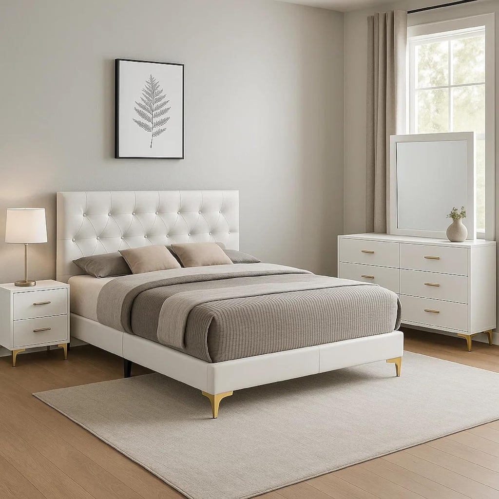 Benzara Dle 4 Piece Queen Bedroom Set, White Faux Leather, Modern Gold Accents
