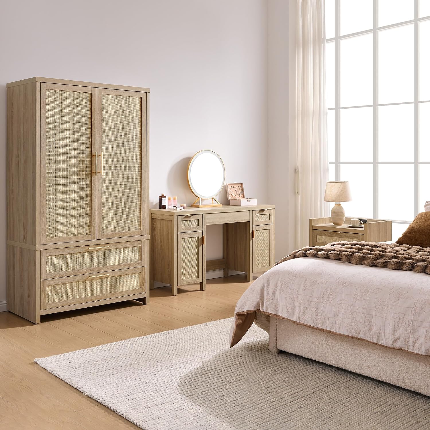 SICOTAS 52' Rattan Vanity Desk with Storage, Boho Farmhouse Makeup Dressing Table with 3 Drawers & 2 Cabinets, Wooden Home Office Desk for Bedroom, Light Oak
