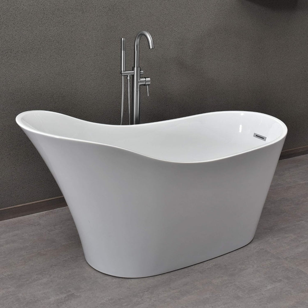 WOODBRIDGE 59' Acrylic Freestanding Bathtub Contemporary Soaking White Tub with Chrome Overflow and Drain，B0029-C-Drain&O
