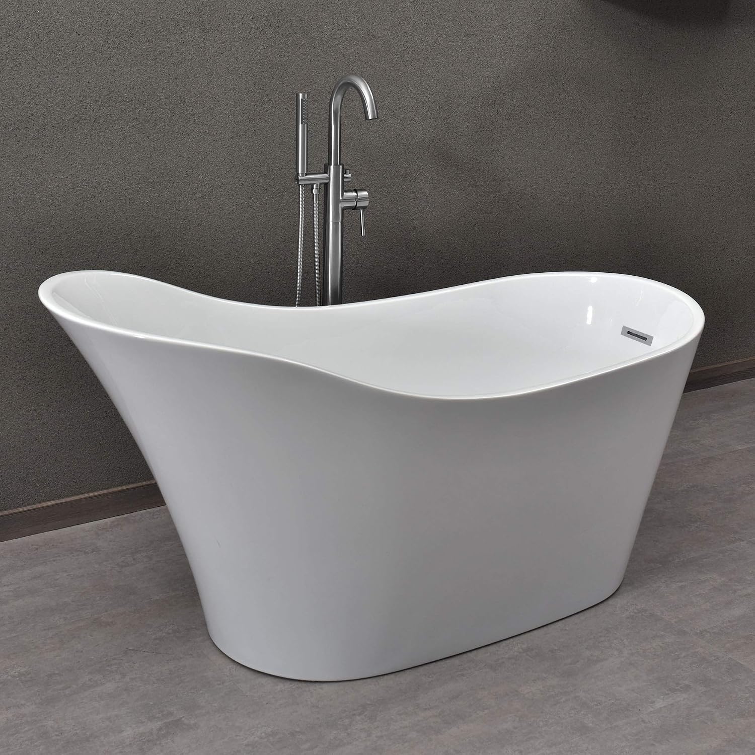 WOODBRIDGE 59' Acrylic Freestanding Bathtub Contemporary Soaking White Tub with Chrome Overflow and Drain，B0029-C-Drain&O