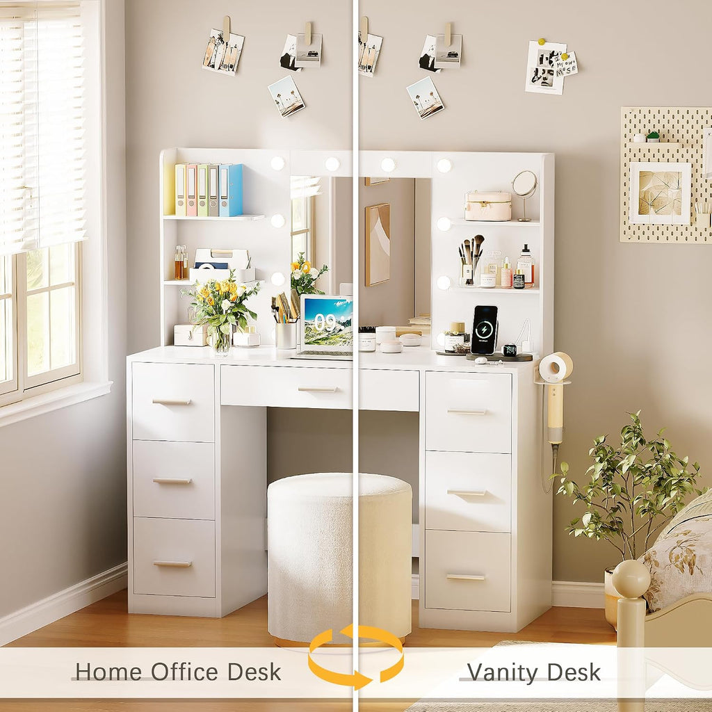 YESHOMY Vanity Desk with Mirror, Power Outlet and 10 Lights, Makeup Table with 7 Drawers, 3 Color Modes Available for Bedroom, Pure White