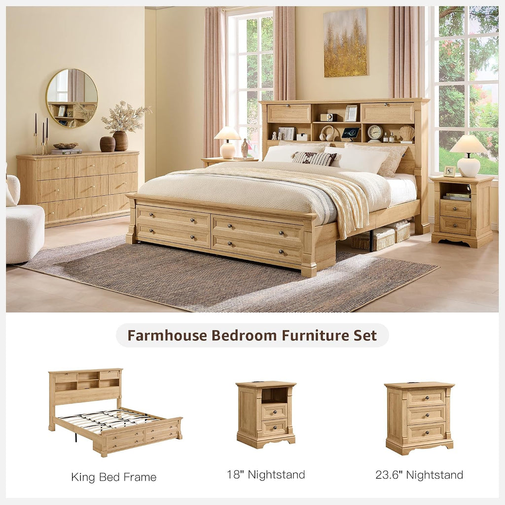 T4TREAM 24' Wide 3 Drawer Dressers, Farmhouse 26' Tall Bedside Side Table with 3 Drawers, Wooden Side Table with Roman Column, End Table for Bedroom, Living Room, Hallway, Oak
