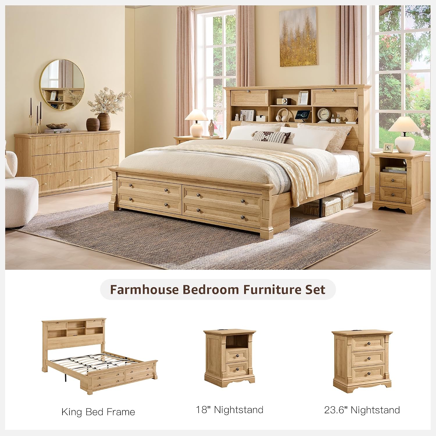 T4TREAM 24' Wide 3 Drawer Dressers, Farmhouse 26' Tall Bedside Side Table with 3 Drawers, Wooden Side Table with Roman Column, End Table for Bedroom, Living Room, Hallway, Oak