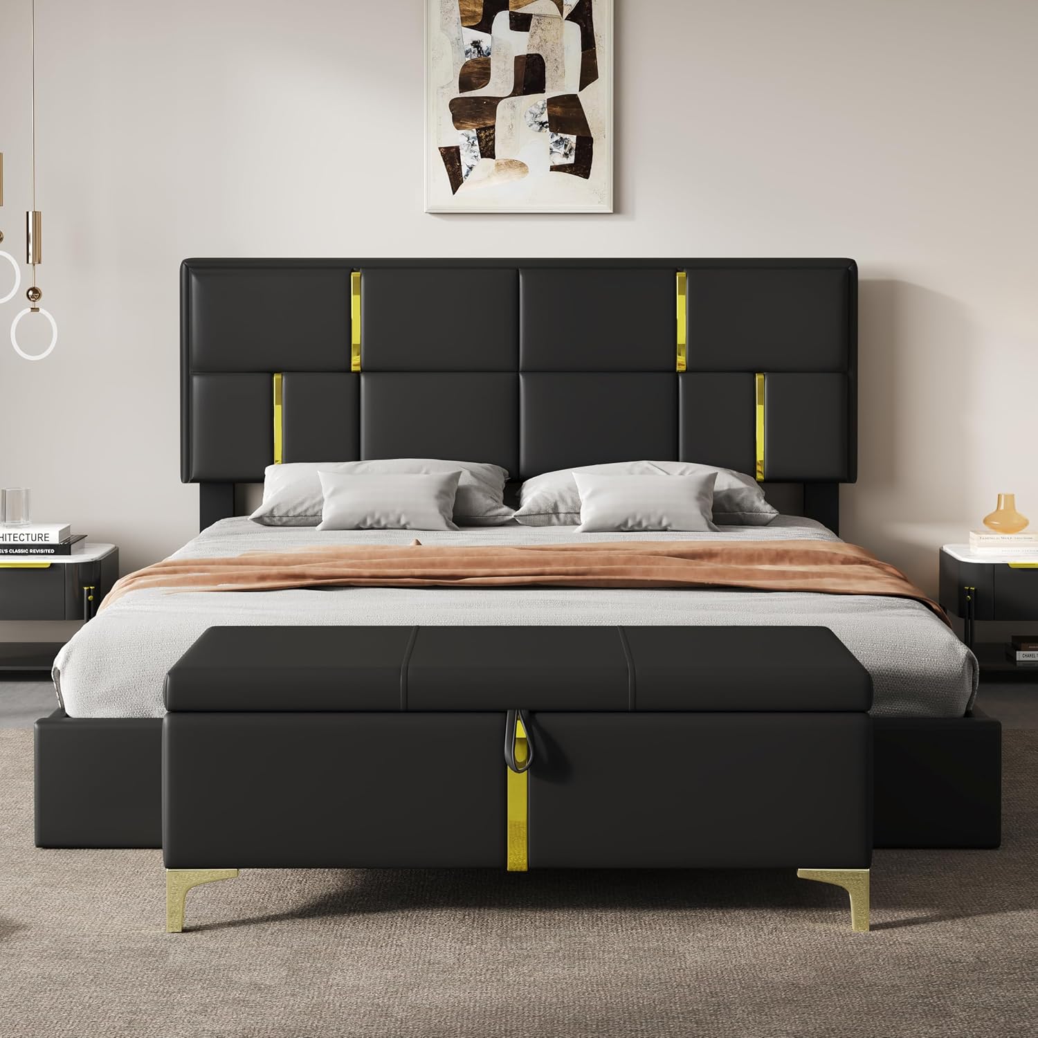 GDFStudio 2-Piece Furniture Set with Queen Size Upholstered Platform Bed with Hydraulic Storage System and Velvet Storage Ottoman with Gold Metal Legs,Modern Bed Frame,Mattress not Included,Black