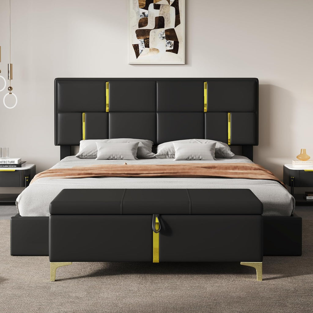 GDFStudio Gomar 2-Piece Bedroom Sets, Queen Size Storage Bed Frame with Hydraulic Lift & Ottoman Bench, PU Upholstered Platform Bed, Soft Fabric Headboard, No Spring Box Needed, Gold Decor, Black