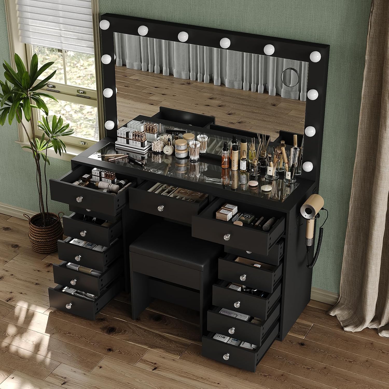 FUSOU 13 Drawers Vanity Desk, 47''W Makeup Vanity with Power Outlet, Vanity Table with Mirror and 12 LED Bulbs, 3 Color Lighting Modes, Glass Top, Dressing Table for Bedroom (Black)