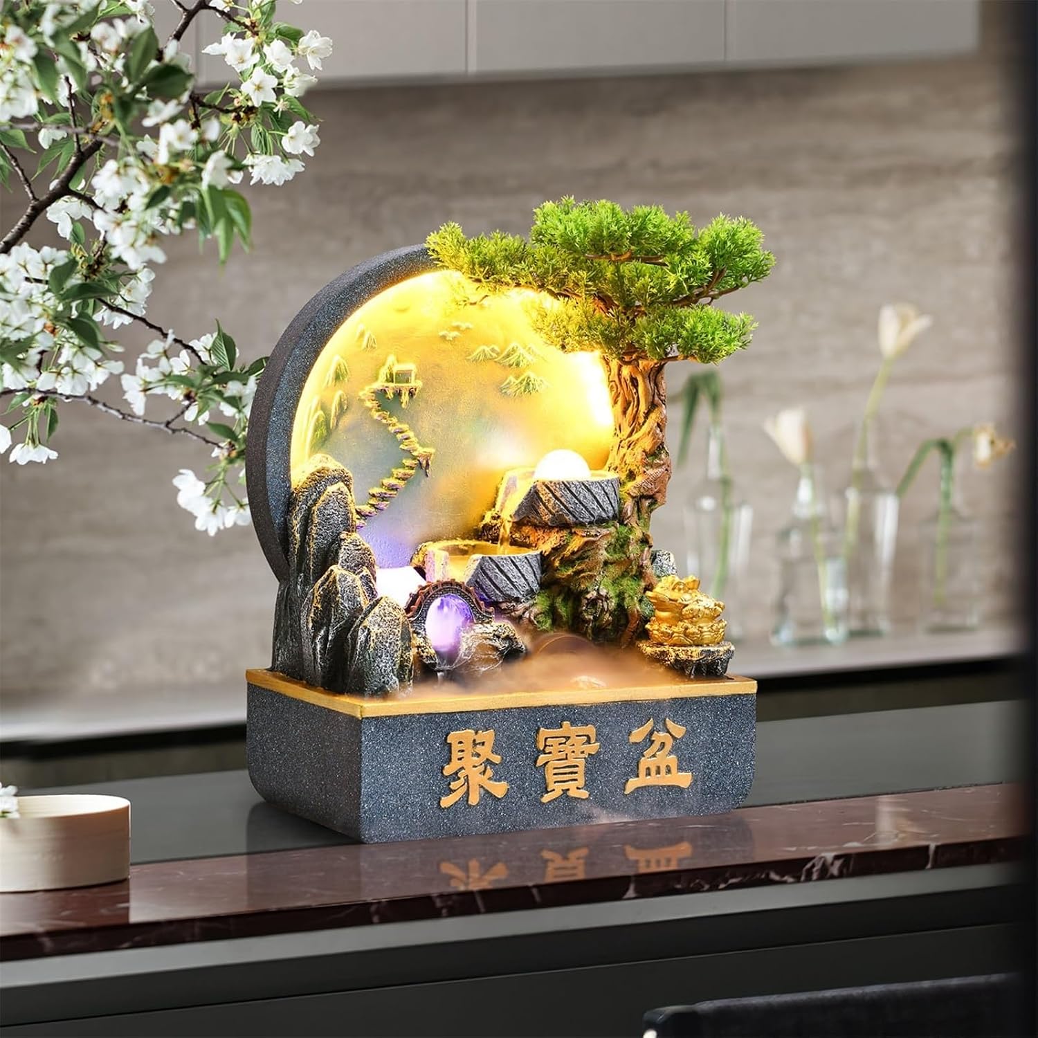 Tabletop Fountain Rockery Tabletop Waterfall Fountain – Resin Indoor Desk Fountain Décor for Bedroom Office
