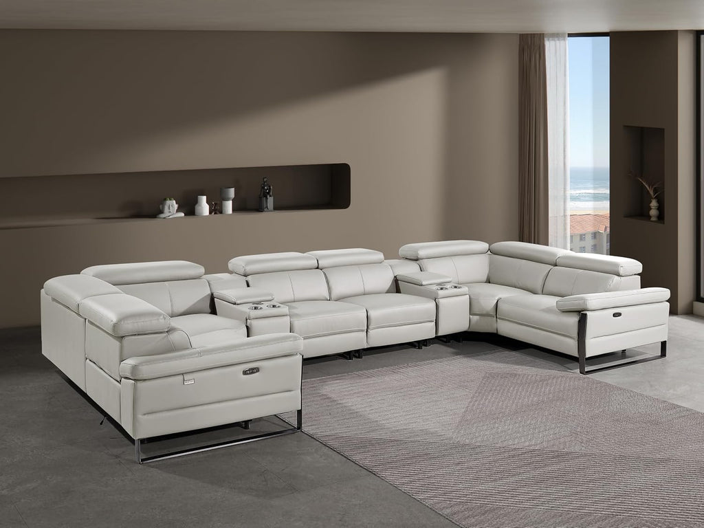 BlackJack Furniture Antonio 8 Piece U Shaped Power Reclining Sectional Sofa, Modular Couch with Top Grain Italian Leather, 4 Electric Recliners, USB & Wireless Chargers, Storage Console, Light Grey