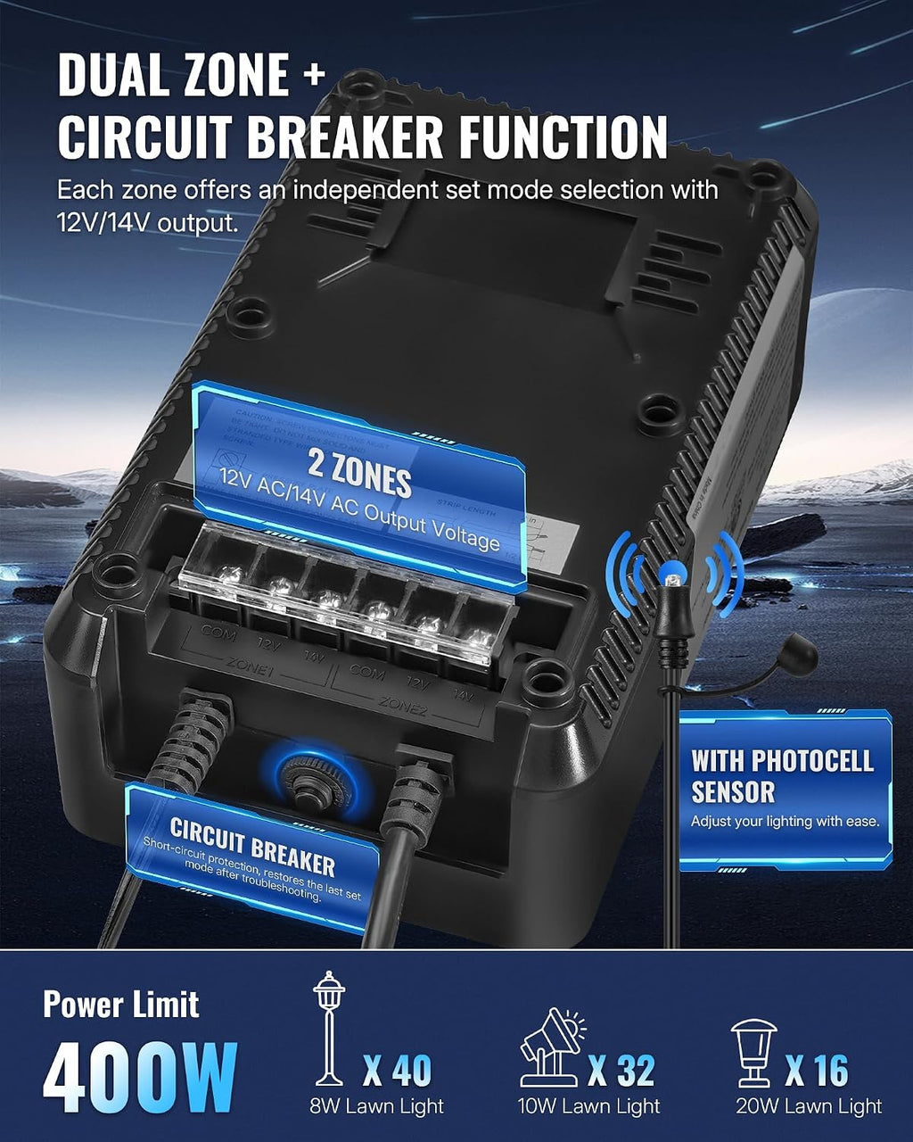 400W Low Voltage Landscape Transformer, 2 Zone Independent Control Landscape Lighting Transformer, 120VAC to 12/14V AC Low Voltage Transformer with Timer & Photocell Sensor ETL Listed D23LT06