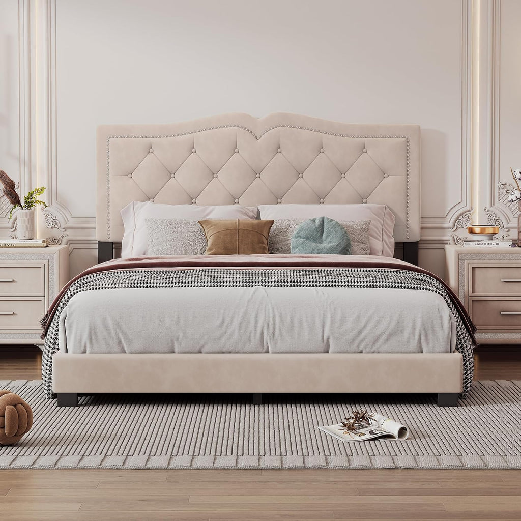 VilroCaz Elegant Velvet Design 3-Pieces Bedroom Sets, Modern Queen Size Platform Bed with 2 Nightstands, Bedside Table, Rivet Design Tufted Headboard
