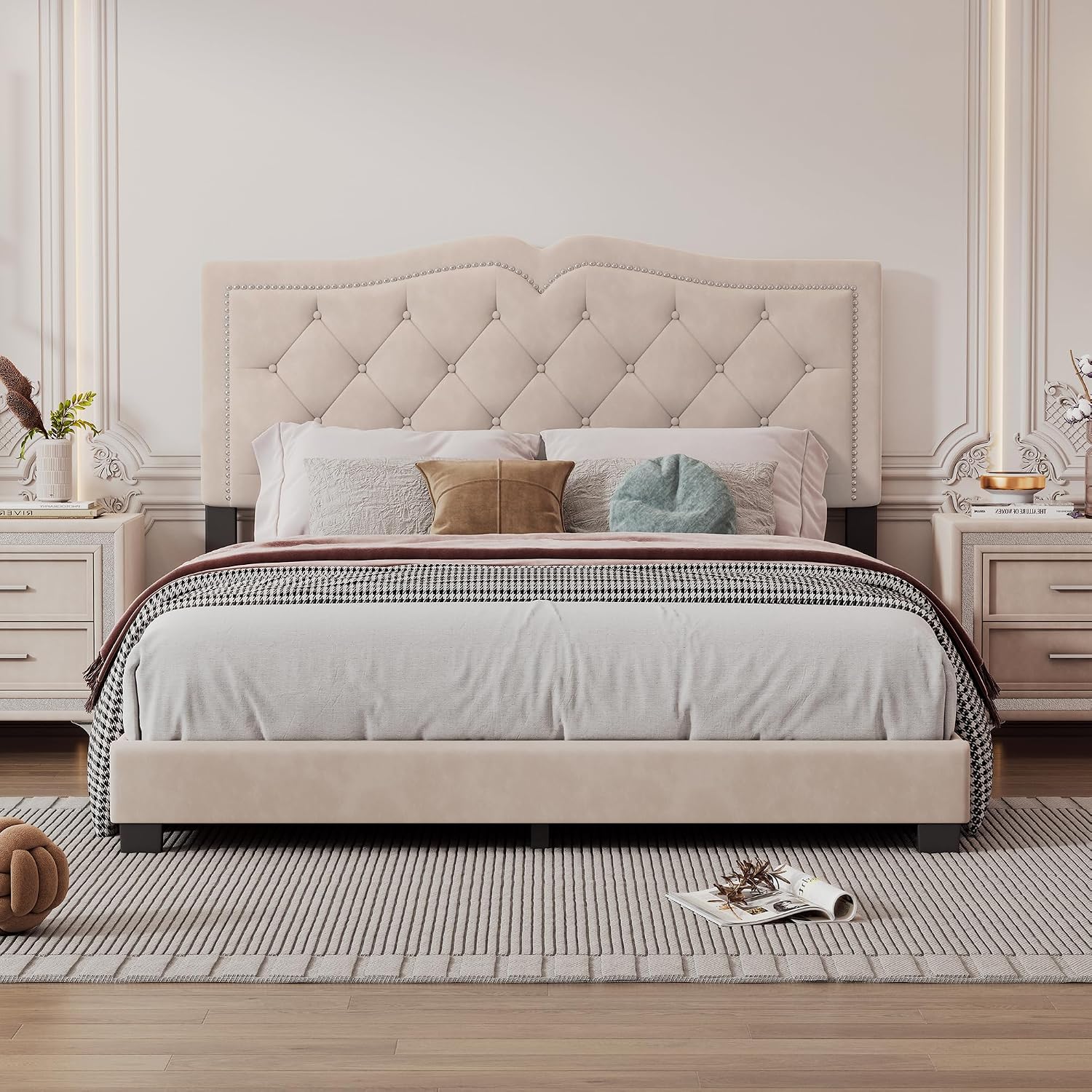 VilroCaz Elegant Velvet Design 3-Pieces Bedroom Sets, Modern Queen Size Platform Bed with 2 Nightstands, Bedside Table, Rivet Design Tufted Headboard